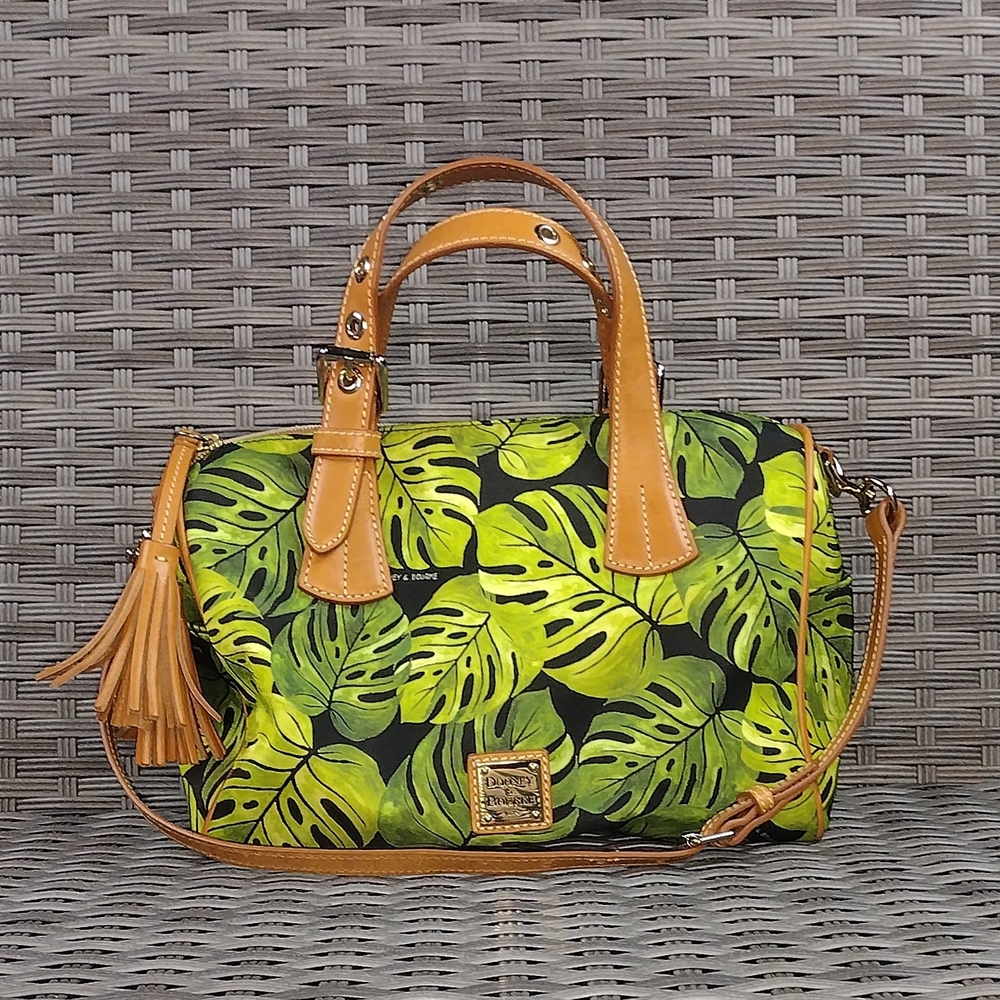 Dooney & Bourke Green and Tan Satchel with Tropical Print